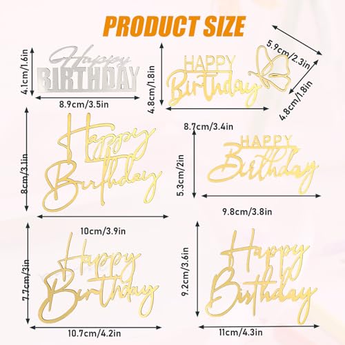 Qianyu 6 Packs Happy Birthday Cake Toppers Happy Birthday Acrylic Cake Topper Decorations Supplies Gold Cupcake Toppers for Children or Adults Cake Inserts DIY Cake Decor Souvenirs