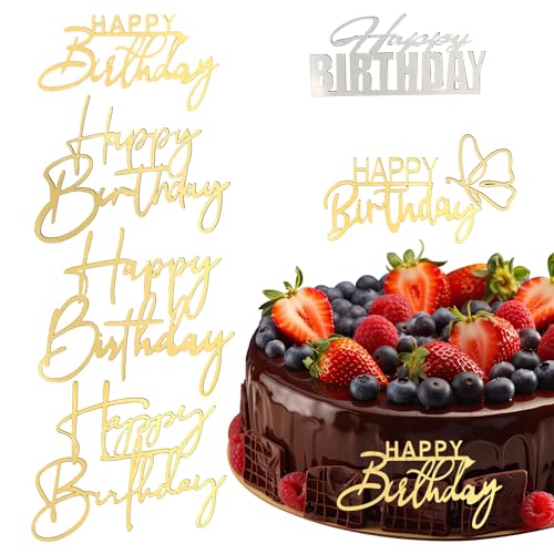 Qianyu 6 Packs Happy Birthday Cake Toppers Happy Birthday Acrylic Cake Topper Decorations Supplies Gold Cupcake Toppers for Children or Adults Cake Inserts DIY Cake Decor Souvenirs