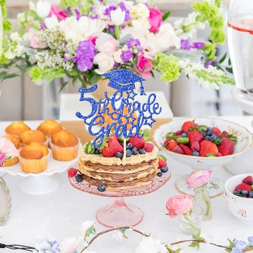 1 PCS 5th Grade Grad Cake Topper with Glitter Diploma Cap 5th Grade Graduation Cake Pick Class of 2024 Cake Decoration for 2024 Kids Boys Girls Fiveth Grade Graduation Party Supplies Blue