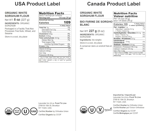 Food to Live Organic White Sorghum Flour, 8 Ounces – Non-GMO, Finely Ground, Pure, Raw. Good Source of Protein and Fiber. Highly Nutritious. Great for Bread Baking, Pancakes, Cookies, and Muffins
