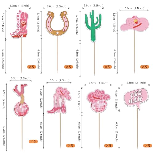 40 PCS Cowgirl Cupcake Toppers Double Sided HorseShoe Cactus Hat and Boot Cupcake Picks Disco Ball Cup Rodeo Cake Decorations for Western Cowgirl Theme Birthday Party Supplies