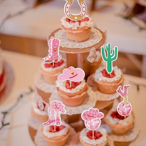 40 PCS Cowgirl Cupcake Toppers Double Sided HorseShoe Cactus Hat and Boot Cupcake Picks Disco Ball Cup Rodeo Cake Decorations for Western Cowgirl Theme Birthday Party Supplies