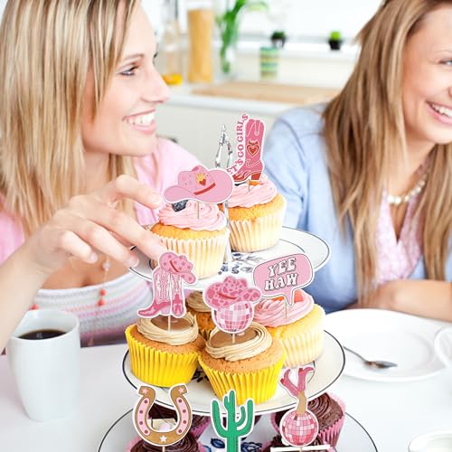 40 PCS Cowgirl Cupcake Toppers Double Sided HorseShoe Cactus Hat and Boot Cupcake Picks Disco Ball Cup Rodeo Cake Decorations for Western Cowgirl Theme Birthday Party Supplies