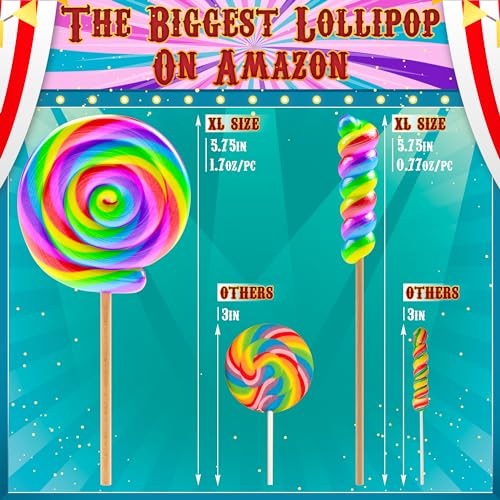 Large Rainbow Lollipops Swirl & Round Lollipops 12pk- Large Lollipops Individually Wrapped For Carnival Party Favors - Giant Lollipops,Jumbo Lollipops,Big Lollipops,Swirl Lollipops,Carnival Lollipops