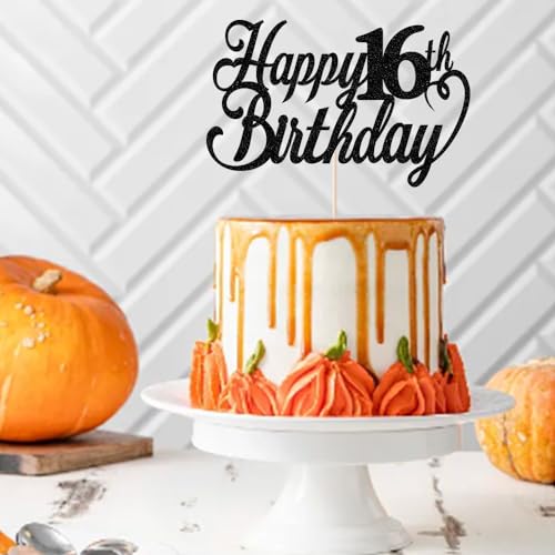 Sodasos Happy 16th birthday Cake Topper Black 16th birthday party cake decorations hello 16th years old, happy 16th years old Anniversary Party Cake Decorations (Black 16)