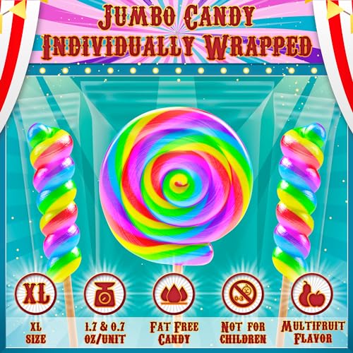 Large Rainbow Lollipops Swirl & Round Lollipops 12pk- Large Lollipops Individually Wrapped For Carnival Party Favors - Giant Lollipops,Jumbo Lollipops,Big Lollipops,Swirl Lollipops,Carnival Lollipops