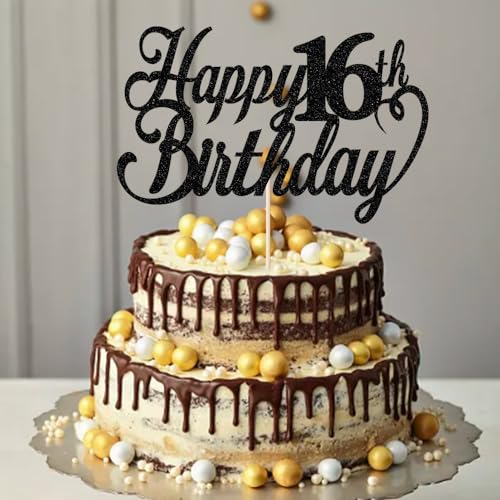 Sodasos Happy 16th birthday Cake Topper Black 16th birthday party cake decorations hello 16th years old, happy 16th years old Anniversary Party Cake Decorations (Black 16)
