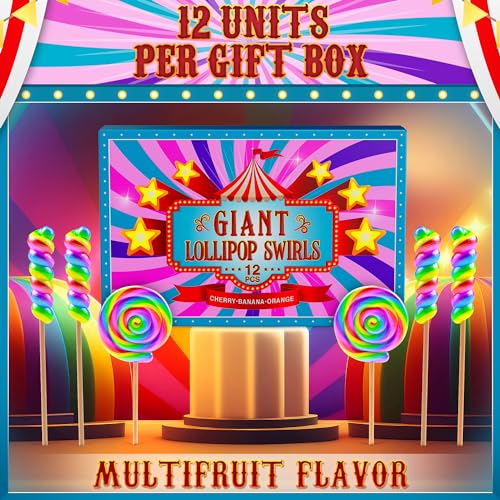 Large Rainbow Lollipops Swirl & Round Lollipops 12pk- Large Lollipops Individually Wrapped For Carnival Party Favors - Giant Lollipops,Jumbo Lollipops,Big Lollipops,Swirl Lollipops,Carnival Lollipops