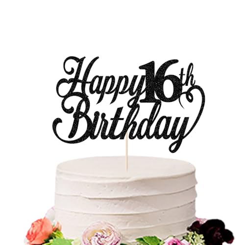 Sodasos Happy 16th birthday Cake Topper Black 16th birthday party cake decorations hello 16th years old, happy 16th years old Anniversary Party Cake Decorations (Black 16)