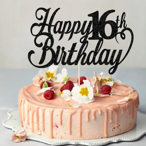 Sodasos Happy 16th birthday Cake Topper Black 16th birthday party cake decorations hello 16th years old, happy 16th years old Anniversary Party Cake Decorations (Black 16)