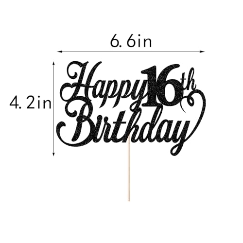 Sodasos Happy 16th birthday Cake Topper Black 16th birthday party cake decorations hello 16th years old, happy 16th years old Anniversary Party Cake Decorations (Black 16)