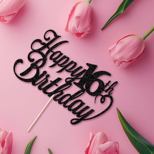 Sodasos Happy 16th birthday Cake Topper Black 16th birthday party cake decorations hello 16th years old, happy 16th years old Anniversary Party Cake Decorations (Black 16)