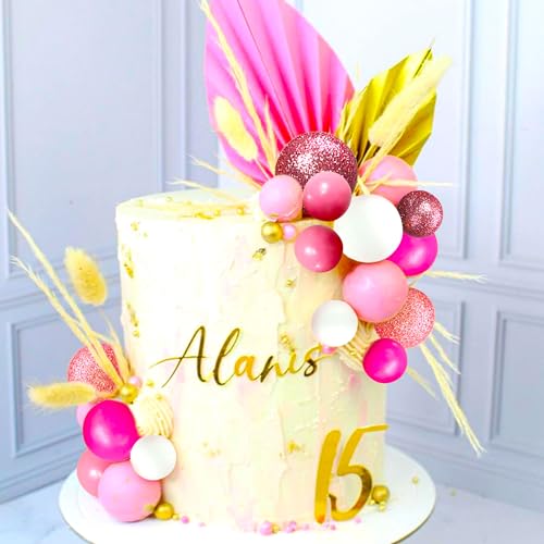 30PCS Glittery Pink Balls Cake Decoration Baby Shower Cake decoration Pink Leaves Palm Leaves Cake Decoration Boho Cake Decoration for Wedding Birthday Bachelorette Party
