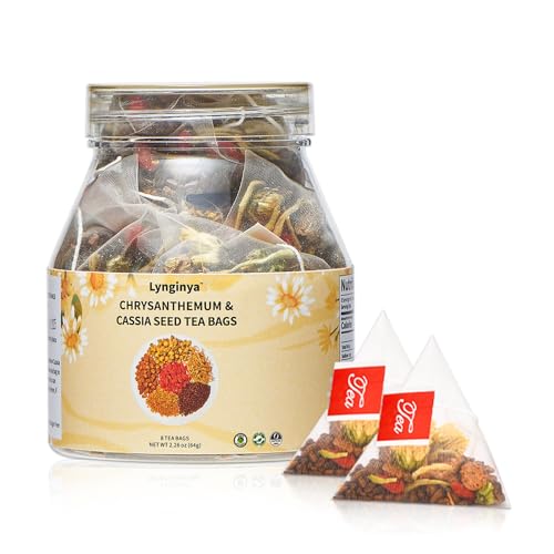 Lynginya Chrysanthemum Cassia Seed Tea, 8 Tea Bags with Burdock Root, Osmanthus, Goji Berries, Honeysuckle - Natural Herbal Tea - Earthy and Fragrant - Sugar Free & Caffeine Free