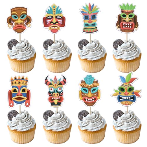 40 Pack Tiki Tribal Masks Cupcake Toppers Hawaiian Tropical Tiki Totem Cupcake Picks Summer Hawaiian Aloha Tropical Birthday Cupcake Decorations Party Supplies