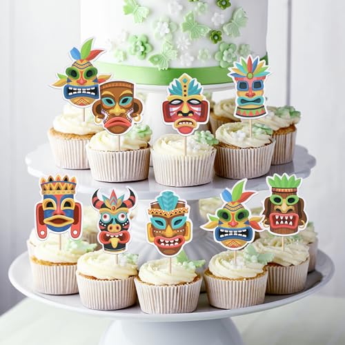 40 Pack Tiki Tribal Masks Cupcake Toppers Hawaiian Tropical Tiki Totem Cupcake Picks Summer Hawaiian Aloha Tropical Birthday Cupcake Decorations Party Supplies