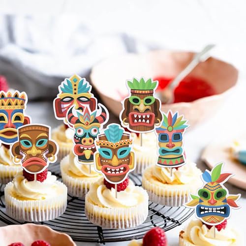 40 Pack Tiki Tribal Masks Cupcake Toppers Hawaiian Tropical Tiki Totem Cupcake Picks Summer Hawaiian Aloha Tropical Birthday Cupcake Decorations Party Supplies