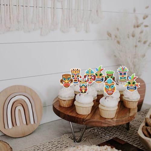 40 Pack Tiki Tribal Masks Cupcake Toppers Hawaiian Tropical Tiki Totem Cupcake Picks Summer Hawaiian Aloha Tropical Birthday Cupcake Decorations Party Supplies