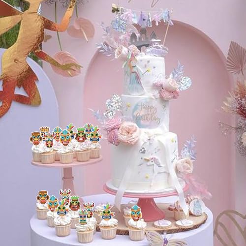 40 Pack Tiki Tribal Masks Cupcake Toppers Hawaiian Tropical Tiki Totem Cupcake Picks Summer Hawaiian Aloha Tropical Birthday Cupcake Decorations Party Supplies