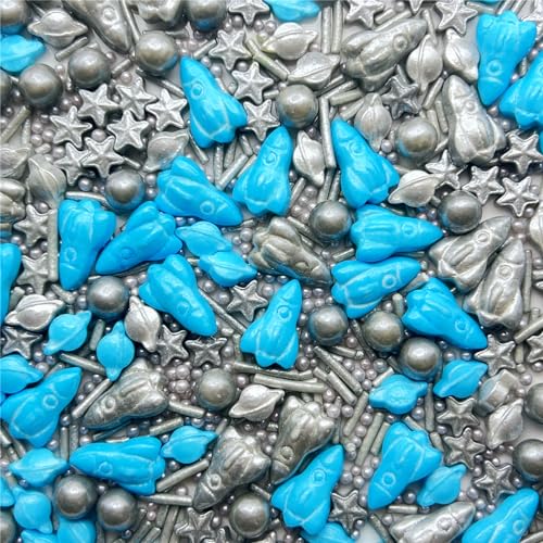 SE Si&Moos Space Theme Sprinkles Blue and Silver Grey Planet Rocket Sprinkles for Cake Decorating Edible Galaxy Cake Decorations for Birthday Party,Silver Grey Star Sprinkles for Cake Decorations, Baking, Ice Cream, Cookies, Cupcake Topper 3 OZ