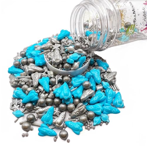 SE Si&Moos Space Theme Sprinkles Blue and Silver Grey Planet Rocket Sprinkles for Cake Decorating Edible Galaxy Cake Decorations for Birthday Party,Silver Grey Star Sprinkles for Cake Decorations, Baking, Ice Cream, Cookies, Cupcake Topper 3 OZ