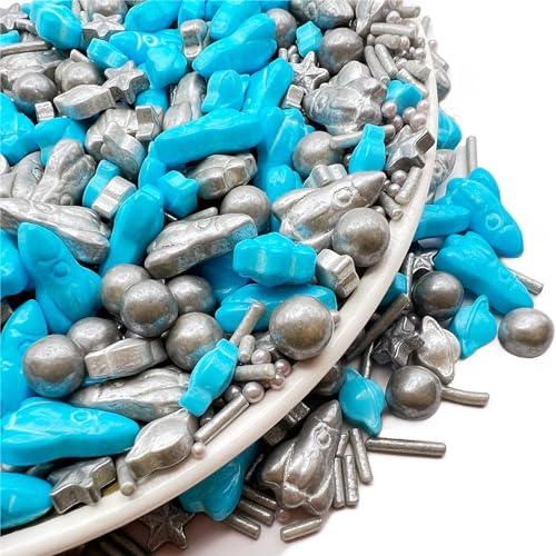 SE Si&Moos Space Theme Sprinkles Blue and Silver Grey Planet Rocket Sprinkles for Cake Decorating Edible Galaxy Cake Decorations for Birthday Party,Silver Grey Star Sprinkles for Cake Decorations, Baking, Ice Cream, Cookies, Cupcake Topper 3 OZ