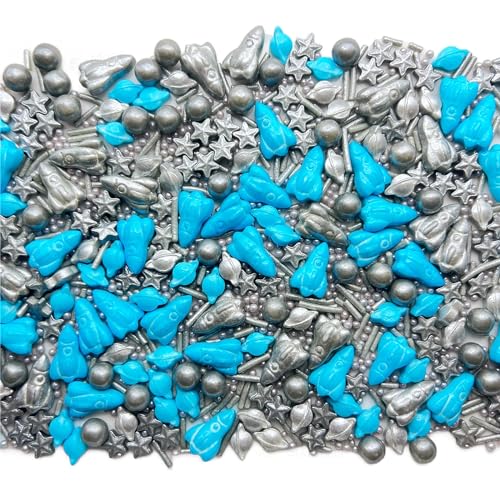 SE Si&Moos Space Theme Sprinkles Blue and Silver Grey Planet Rocket Sprinkles for Cake Decorating Edible Galaxy Cake Decorations for Birthday Party,Silver Grey Star Sprinkles for Cake Decorations, Baking, Ice Cream, Cookies, Cupcake Topper 3 OZ