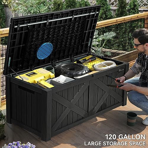 YITAHOME 120 Gallon Large Outdoor Storage Box with Divider and Net - Waterproof, Black