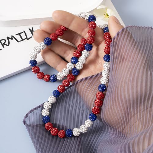 Baseball Sparkle Bead Necklace Ice Collection Necklace for Boys Youth, Baseball Bling Beaded Necklace - Athlete Inspired Rhinestone Necklace Accessories Gift for Baseball Lovers Players (Youth_16In, White/Red/Blue)