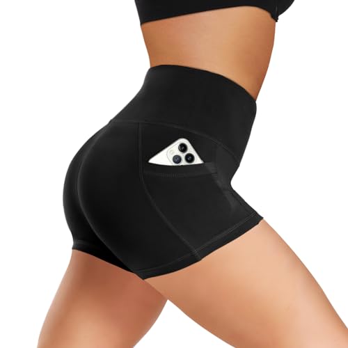 Biker Shorts Women with Pockets - 3"/5"/8" High Waisted Soft Tummy Control Workout Shorts for Yoga Athletic Gym Black