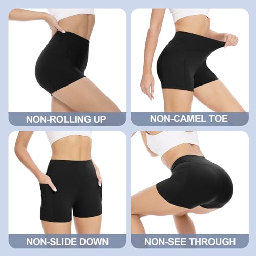 Biker Shorts Women with Pockets - 3"/5"/8" High Waisted Soft Tummy Control Workout Shorts for Yoga Athletic Gym Black