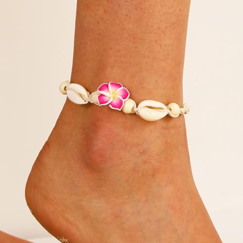 Fesciory Puka Shell Anklet for Women Summer Natural Cowrie Adjustable Ankle Bracelet, Handmade Boho Hawaiian Beach Seashell Jewelry for Girls (Flower)