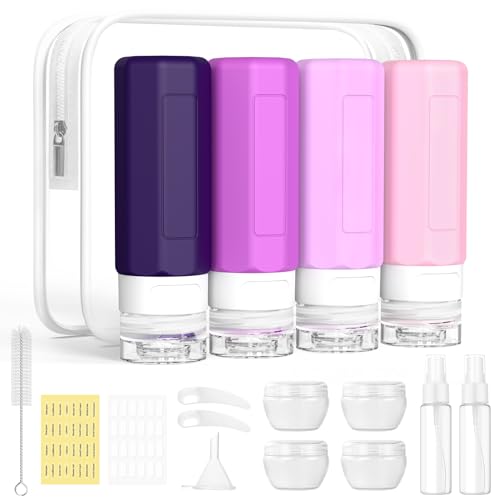 Redfly 17PCS Travel Bottles for Toiletries, TSA Approved Travel Size Containers, Leak Proof Travel Containers for Toiletries, Silicone Travel Kit for Shampoo, Conditioner, Lotion & Creams Purple