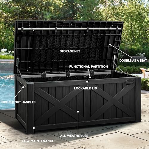 YITAHOME 120 Gallon Large Outdoor Storage Box with Divider and Net - Waterproof, Black