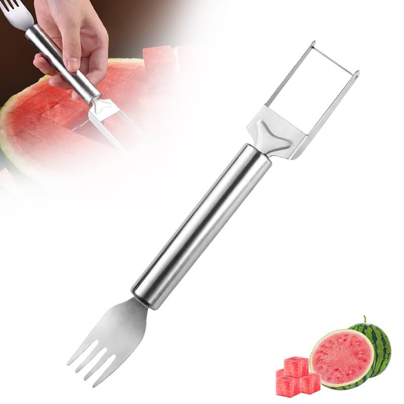 2-in-1 Stainless Steel Fruit Cutter, 2024 Upgraded Watermelon Fork Slicer Cutter Slicer Tool, Dual Head Fruit Forks Slicer Knife with Round Handle (1 PCS)