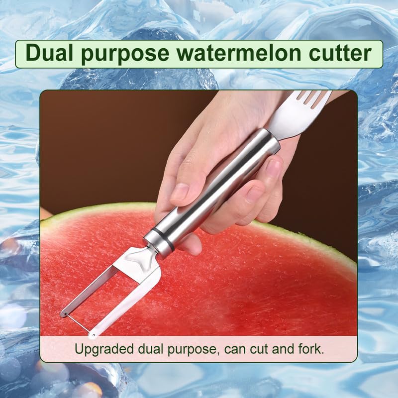2-in-1 Stainless Steel Fruit Cutter, 2024 Upgraded Watermelon Fork Slicer Cutter Slicer Tool, Dual Head Fruit Forks Slicer Knife with Round Handle (1 PCS)