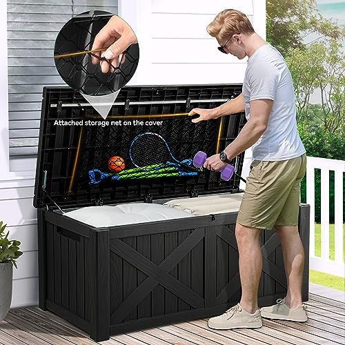 YITAHOME 120 Gallon Large Outdoor Storage Box with Divider and Net - Waterproof, Black