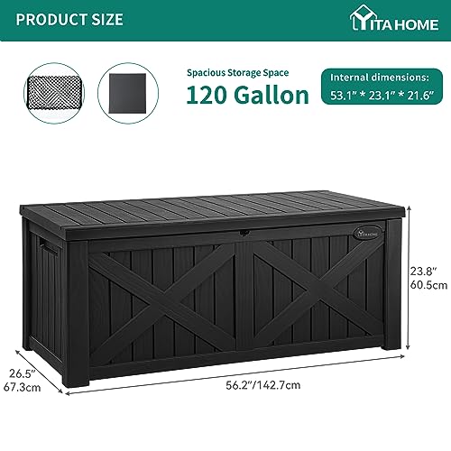 YITAHOME 120 Gallon Large Outdoor Storage Box with Divider and Net - Waterproof, Black