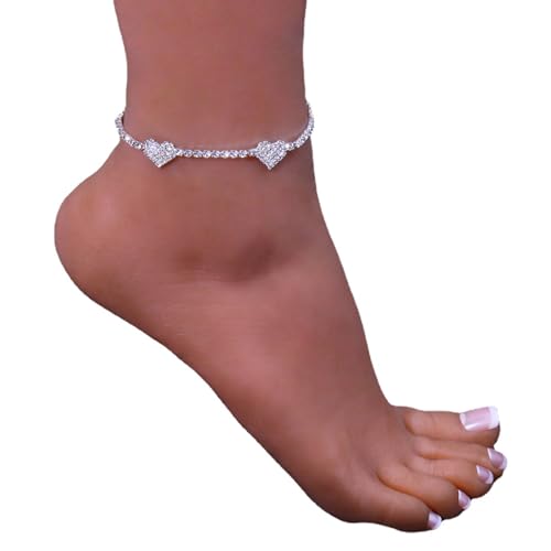 Silver Ankle Bracelets for Women, Adjustable Rhinestone Pendant Tennis Anklet, Butterfly Heart Infinite Diamond Summer Beach Foot Chain Jewelry Gifts for Girls (Solid Heart1)