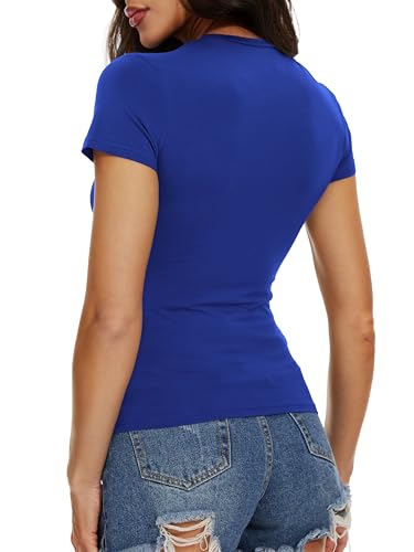 Women Tight Shirts Summer Basic Tees Casual Slim Fit Shirt Crewneck Short Sleeve Crop Tops(Royal Blue,L)