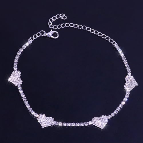 Silver Ankle Bracelets for Women, Adjustable Rhinestone Pendant Tennis Anklet, Butterfly Heart Infinite Diamond Summer Beach Foot Chain Jewelry Gifts for Girls (Solid Heart1)