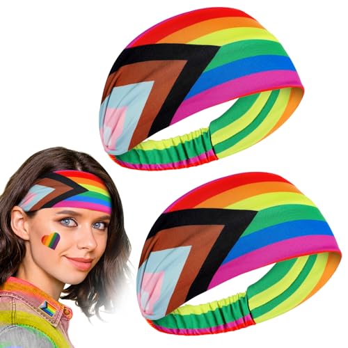 Cosweet Gay Pride Headbands - Moisture-wicking Milk Silk Rainbow Sweatbands, Highly Elastic LGBTQ Hair Accessories for Men Women Adults Pride Parade Festival Party (2 Pack, Progress Pride Flag Style)