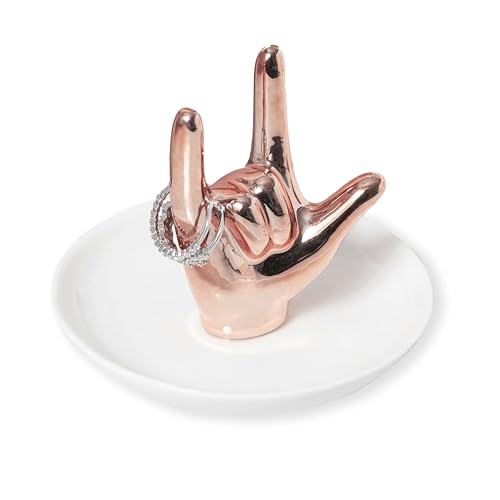 I LOVE YOU Hand Ring Holder Ring Dish Ceramic Jewelry Holder Dish Trinket tray for Rings Earrings Necklace Organizer, Engagement Wedding Ring Holder, Christmas Birthday Gifts (Rose Gold)