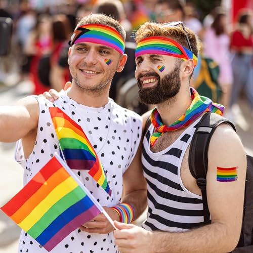 Cosweet Gay Pride Headbands - Moisture-wicking Milk Silk Rainbow Sweatbands, Highly Elastic LGBTQ Hair Accessories for Men Women Adults Pride Parade Festival Party (2 Pack, Progress Pride Flag Style)