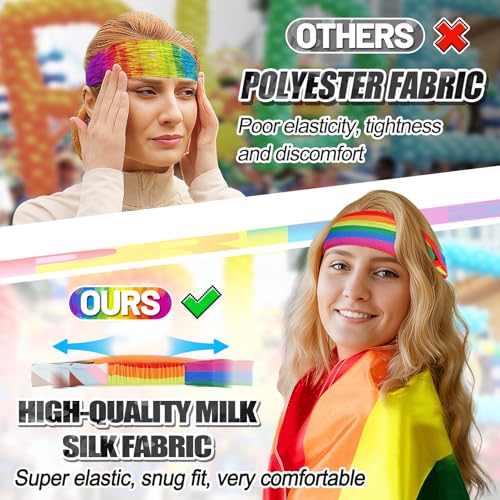 Cosweet Gay Pride Headbands - Moisture-wicking Milk Silk Rainbow Sweatbands, Highly Elastic LGBTQ Hair Accessories for Men Women Adults Pride Parade Festival Party (2 Pack, Progress Pride Flag Style)