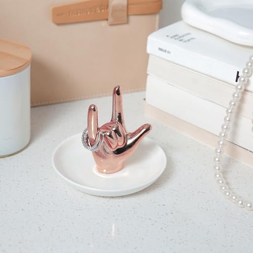 I LOVE YOU Hand Ring Holder Ring Dish Ceramic Jewelry Holder Dish Trinket tray for Rings Earrings Necklace Organizer, Engagement Wedding Ring Holder, Christmas Birthday Gifts (Rose Gold)