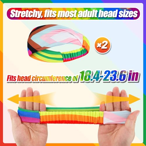 Cosweet Gay Pride Headbands - Moisture-wicking Milk Silk Rainbow Sweatbands, Highly Elastic LGBTQ Hair Accessories for Men Women Adults Pride Parade Festival Party (2 Pack, Progress Pride Flag Style)