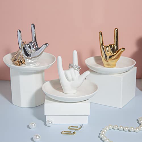 I LOVE YOU Hand Ring Holder Ring Dish Ceramic Jewelry Holder Dish Trinket tray for Rings Earrings Necklace Organizer, Engagement Wedding Ring Holder, Christmas Birthday Gifts (Rose Gold)