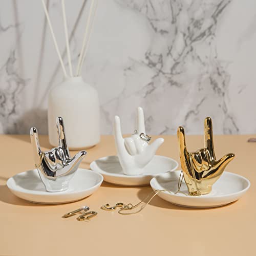 I LOVE YOU Hand Ring Holder Ring Dish Ceramic Jewelry Holder Dish Trinket tray for Rings Earrings Necklace Organizer, Engagement Wedding Ring Holder, Christmas Birthday Gifts (Rose Gold)