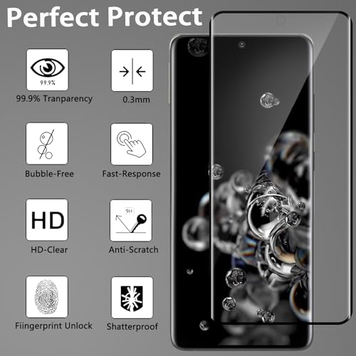 GUMANYU [2+2 Pack Galaxy S20 Ultra 5G Tempered Glass Screen Protector [Ultrasonic Fingerprint Unlock][9H Hardness][3D Curved] for Samsung Galaxy S20 Ultra 5G HD Tempered Glass Protector